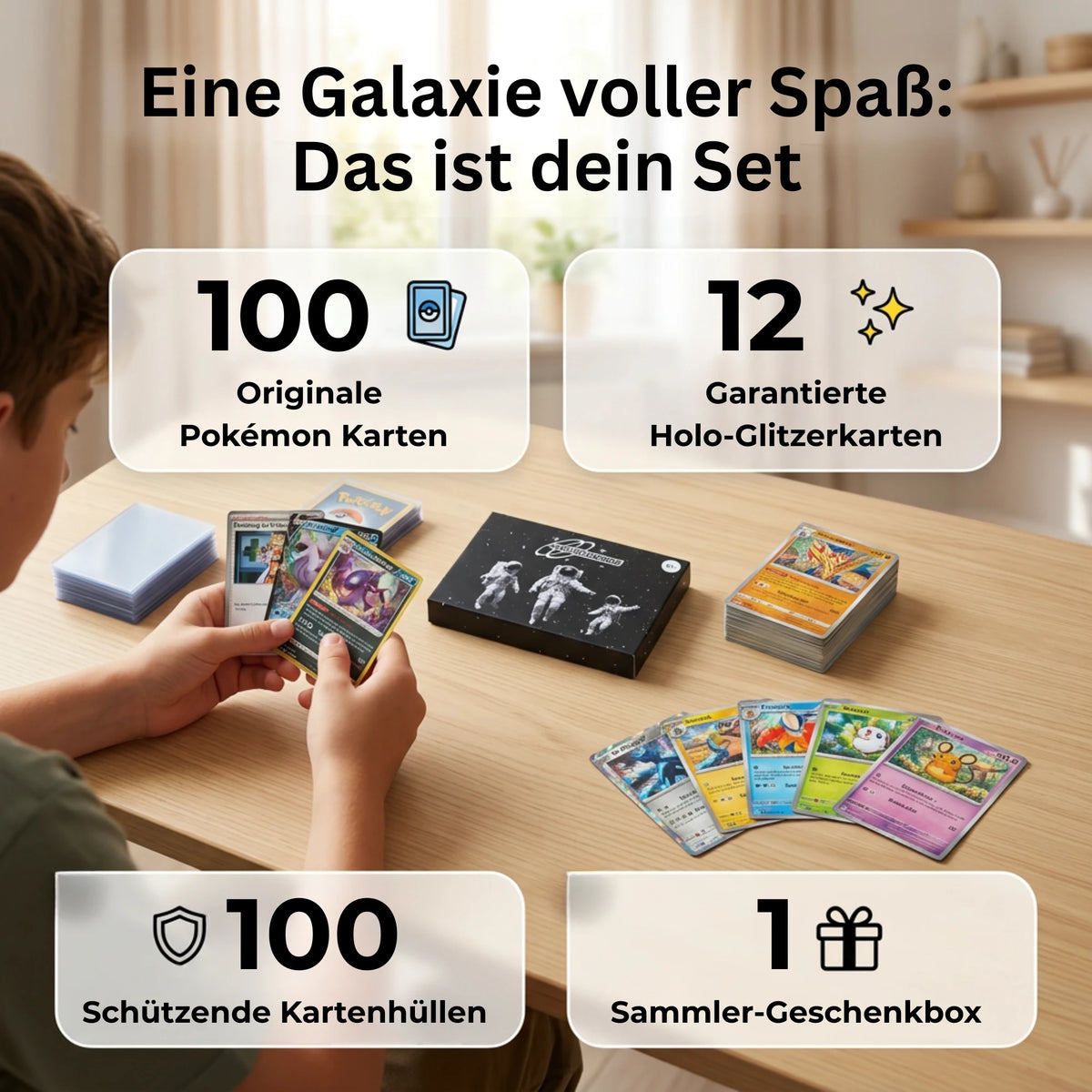 Pokémon Karten Set Niemiecki – 100 kart w tym 12 Holo + 100 Koszulki na karty
