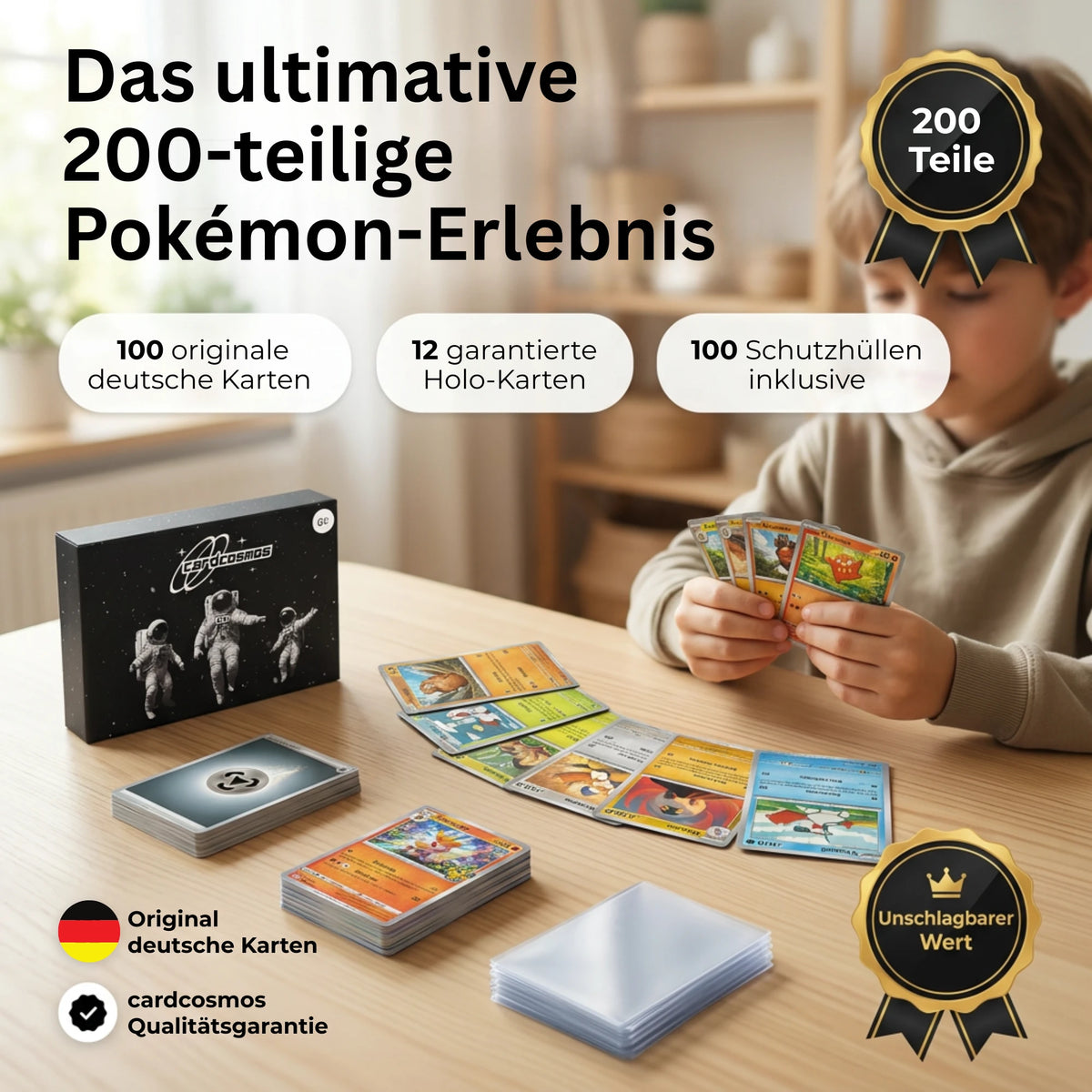 Pokémon Karten Set Niemiecki – 100 kart w tym 12 Holo + 100 Koszulki na karty