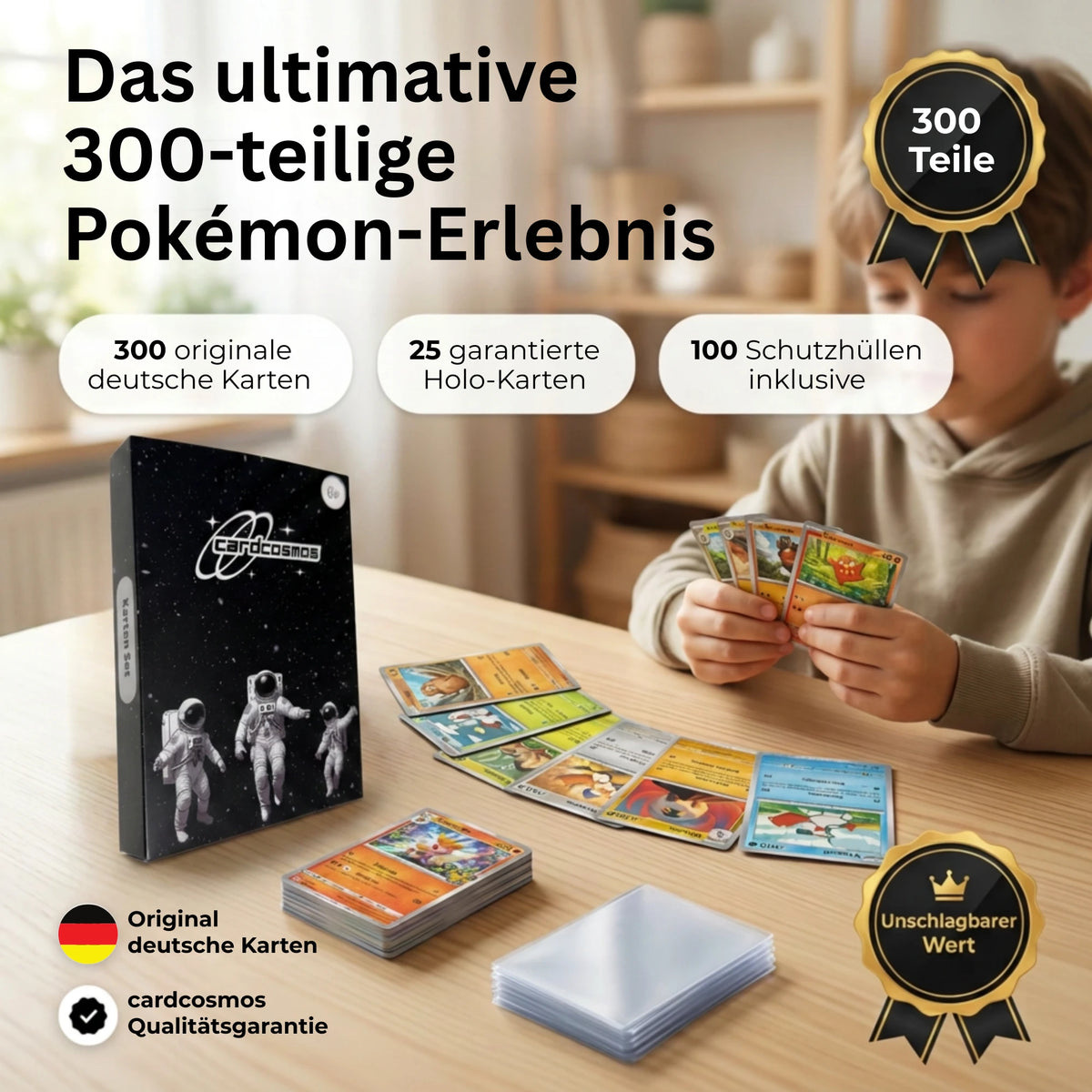 Pokémon Karten Set Niemiecki – 200 kart w tym 25 Holo + 100 Koszulki na karty