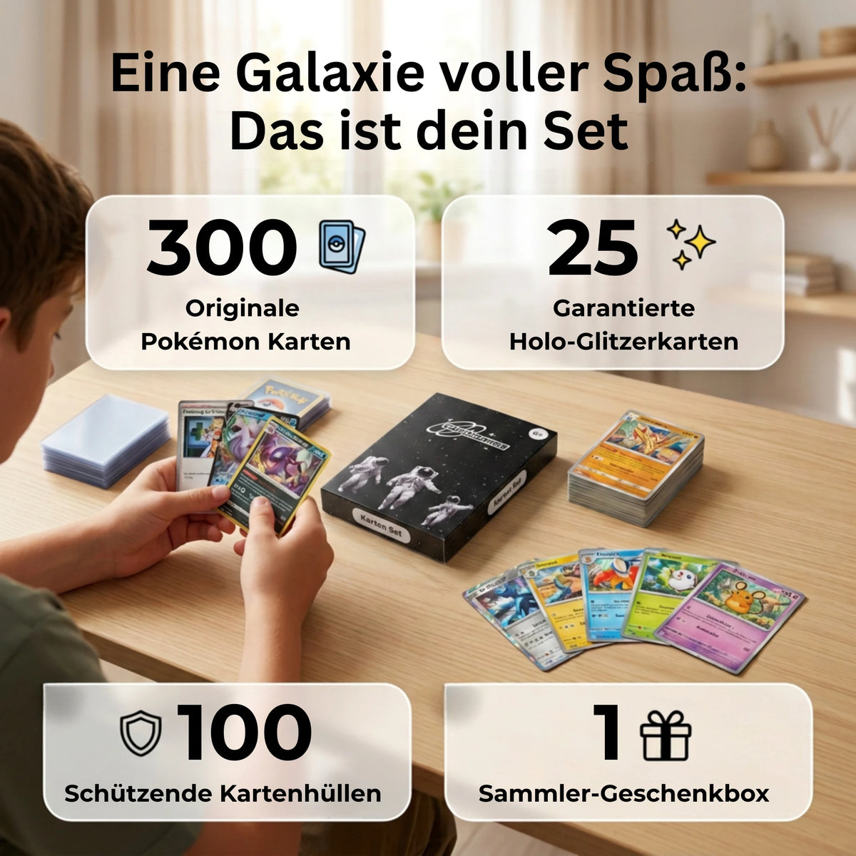 Pokémon Karten Set Niemiecki – 200 kart w tym 25 Holo + 100 Koszulki na karty