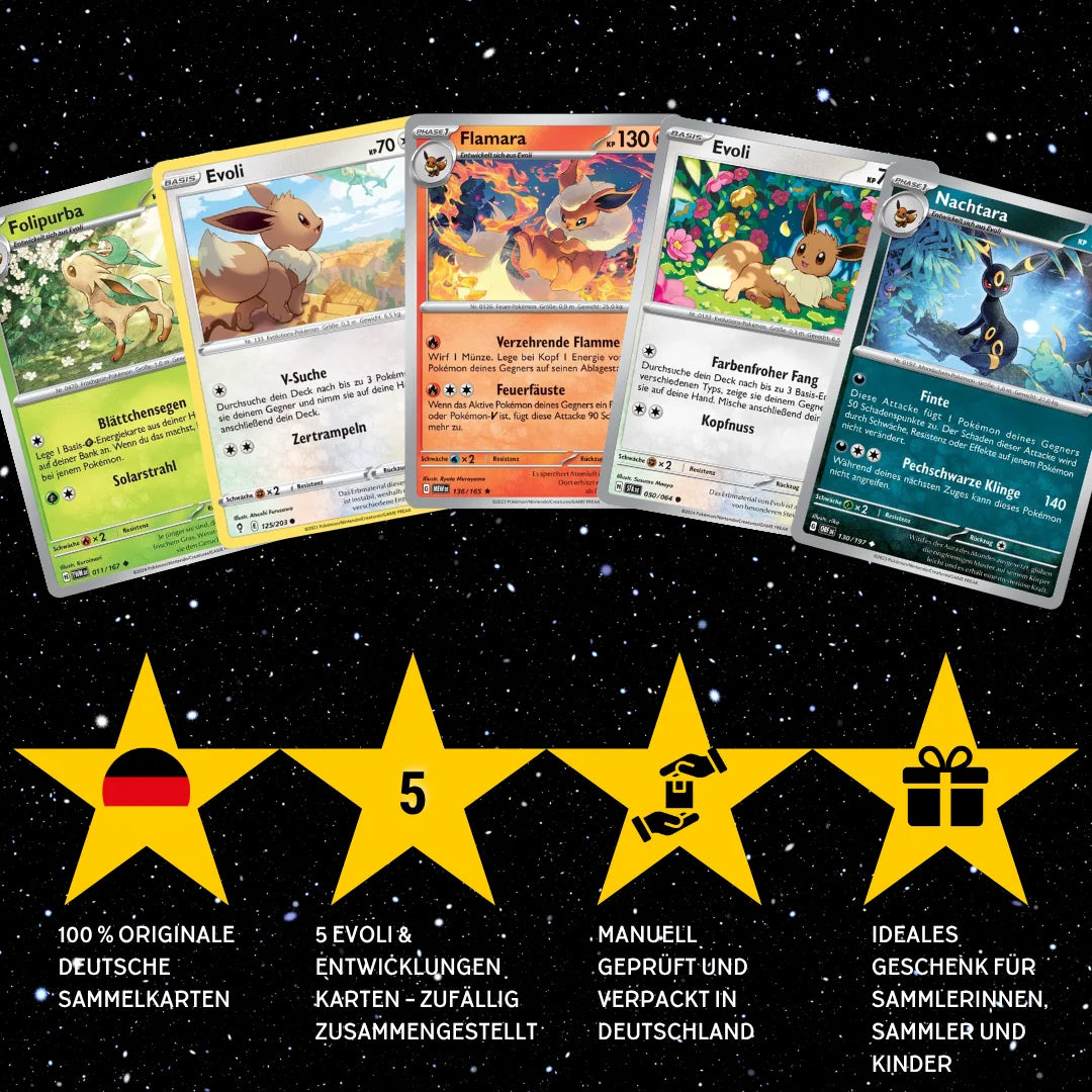 Pokémon Karten Set Niemiecki – 5 kart Evoli/Eevee i ewolucji – losowo wybrane