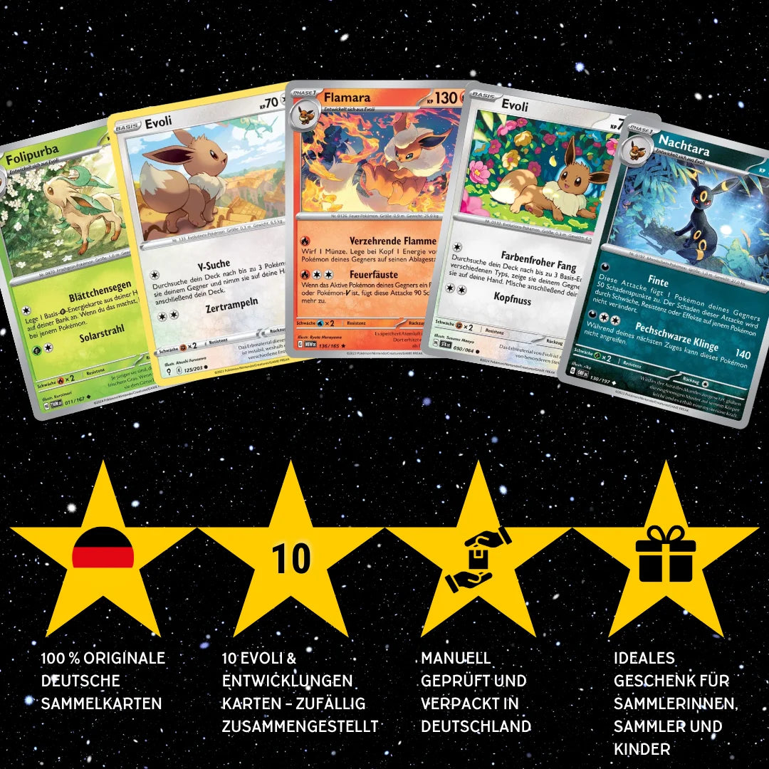 Pokémon Card Set German – 10 Eevee & Evolutions Cards – Randomly Assembled