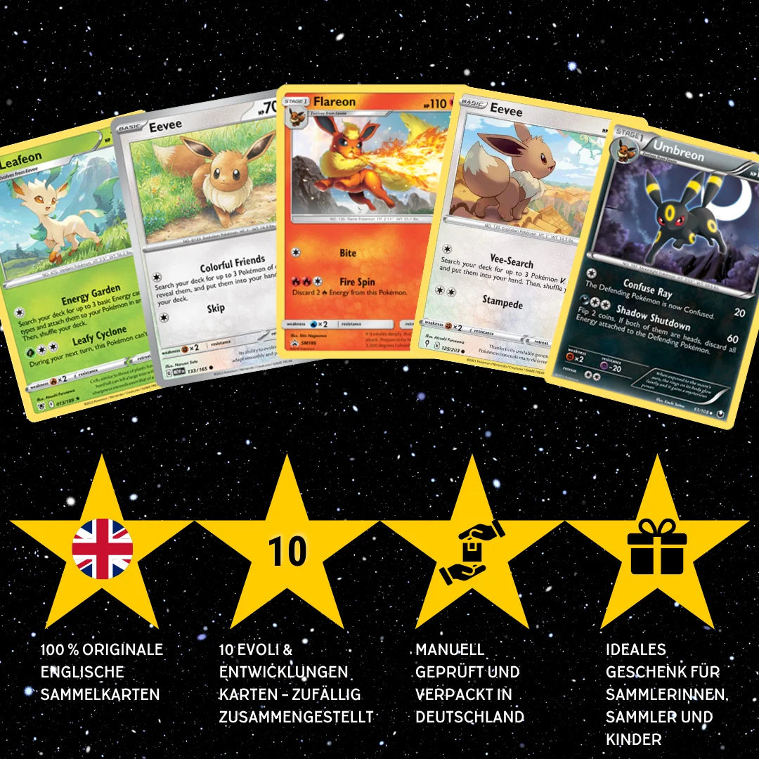 Pokémon Card Set English – 10 Eevee & Evolutions Cards – Randomly Assembled