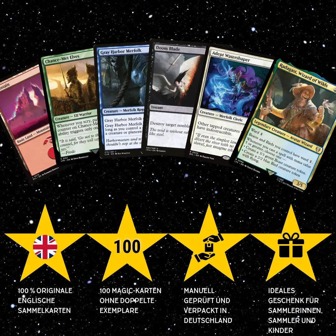 Magic: The Gathering Card Set English – 100 cards incl. 8 Rares & 2 Foils + 100 Card Sleeves