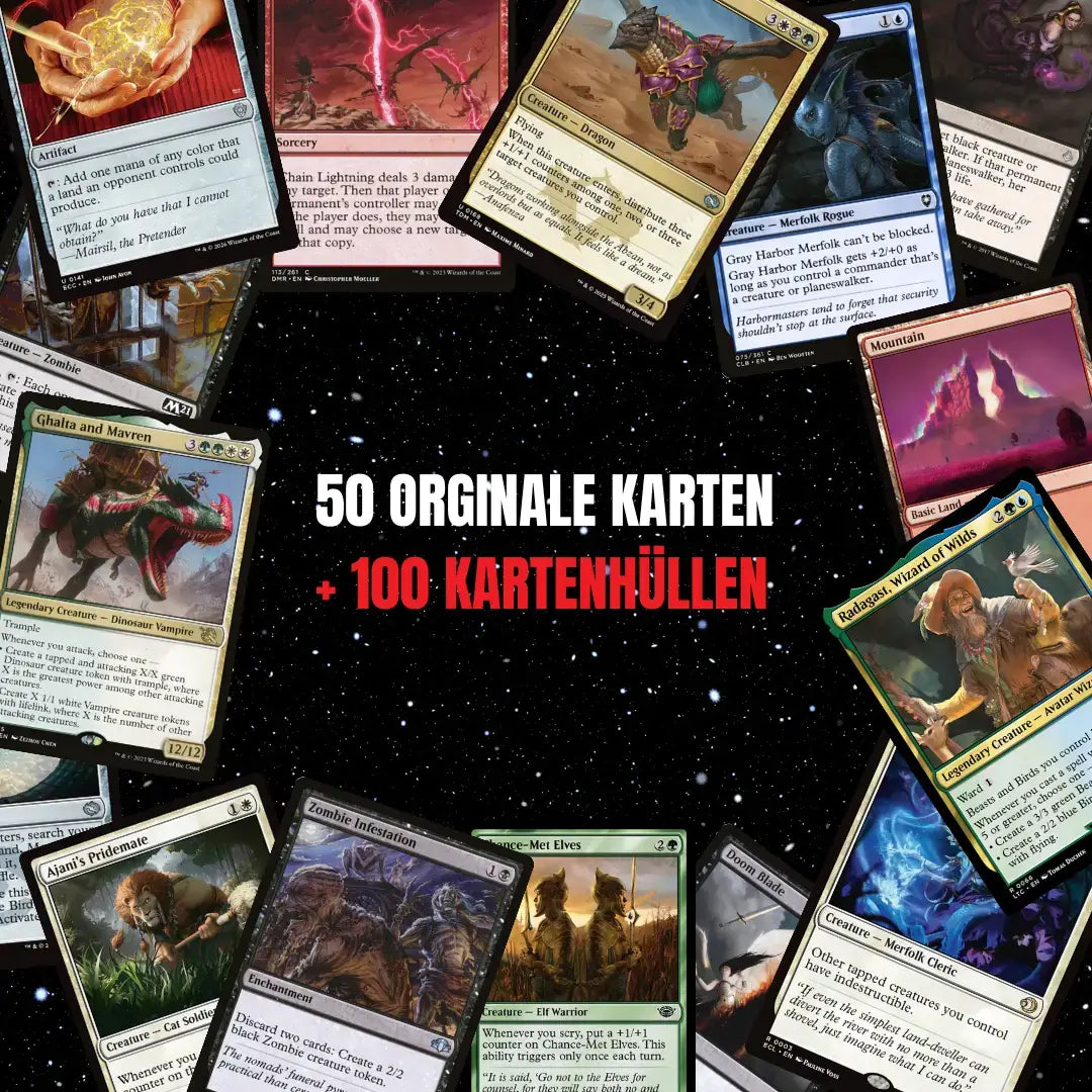 Magic: The Gathering Card Set English – 50 cards incl. 4 Rares & 1 Foil + 100 Card Sleeves