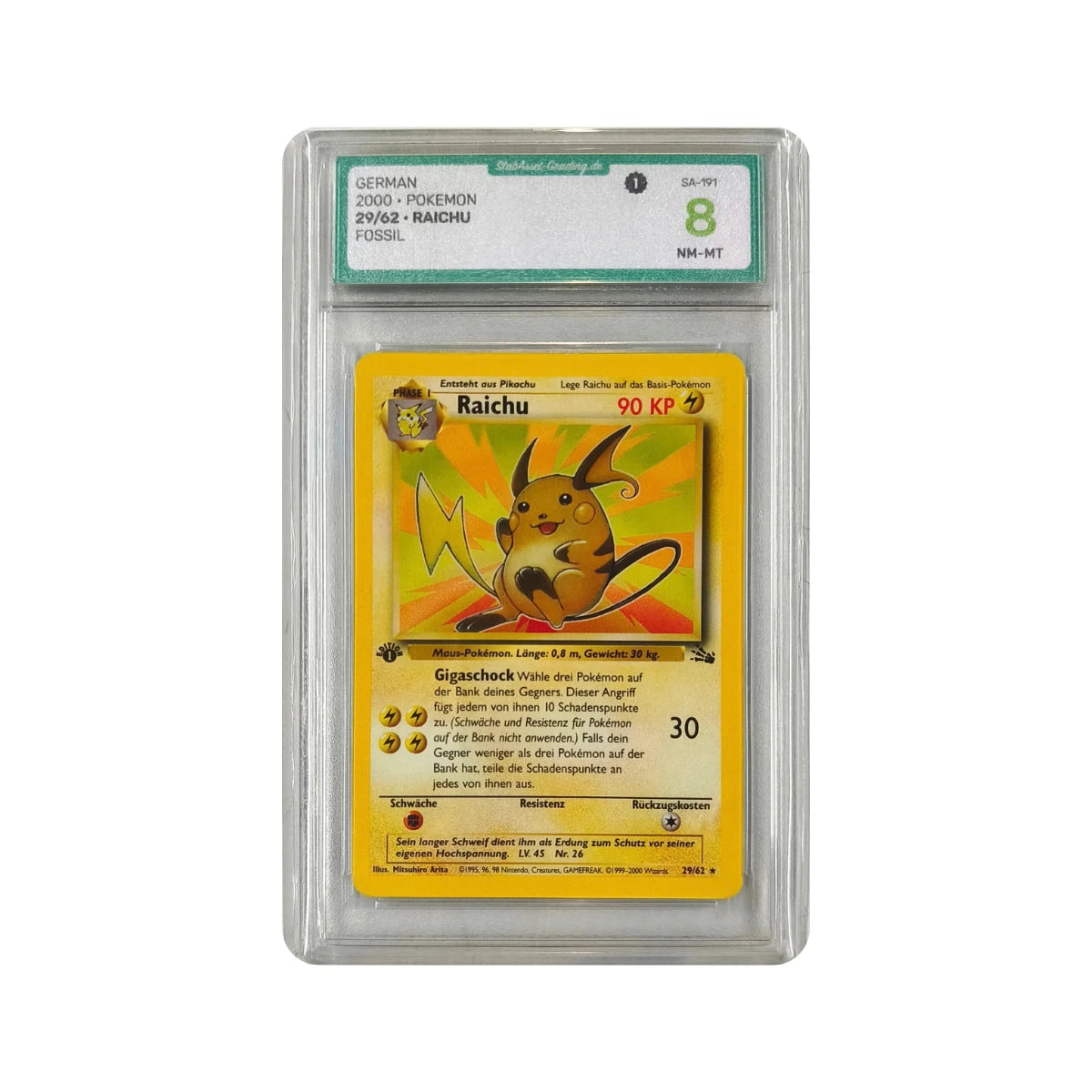 Pokémon - Raichu #29/62 (Fossil 1st Edition) – Stab Asset Grading 8 NM-MT
